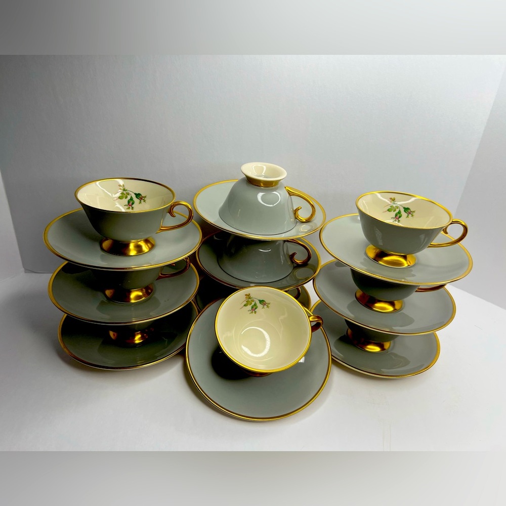 Flintridge China Gray With Gold Trim  Made In California. Set Of 10